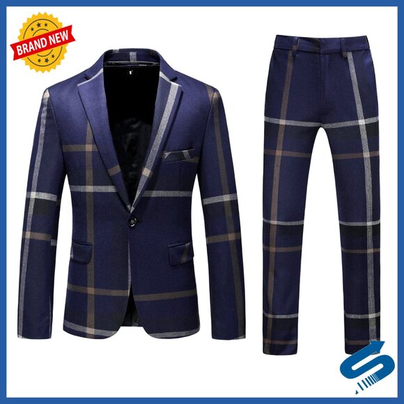 Slim Fit Plaid Suit Set for Men Formal Business Wedding Tuxedo